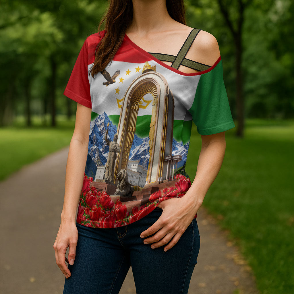 Tajikistan National Pride Cross Shoulder Shirt Ismoil Somoni Monument Marco Polo Sheep Flag