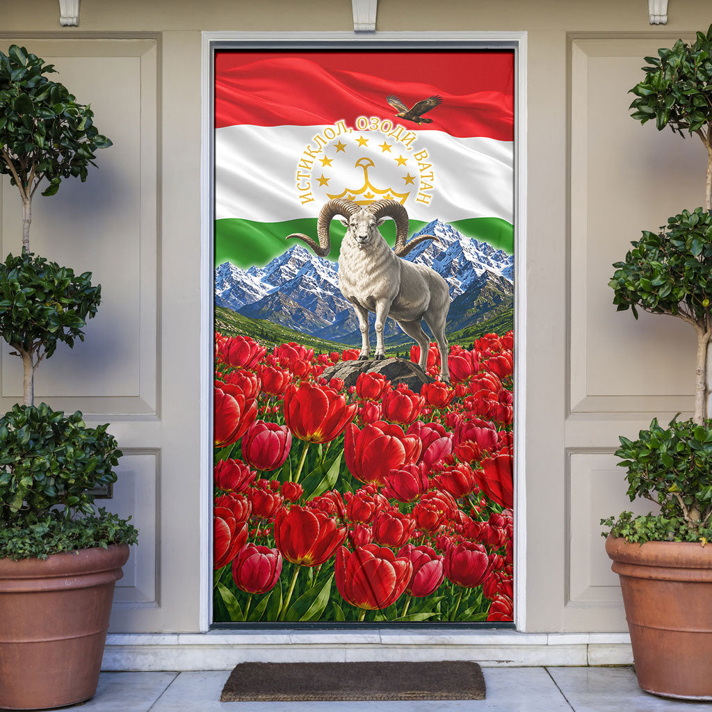 Tajikistan National Pride Door Cover Ismoil Somoni Monument Marco Polo Sheep Flag