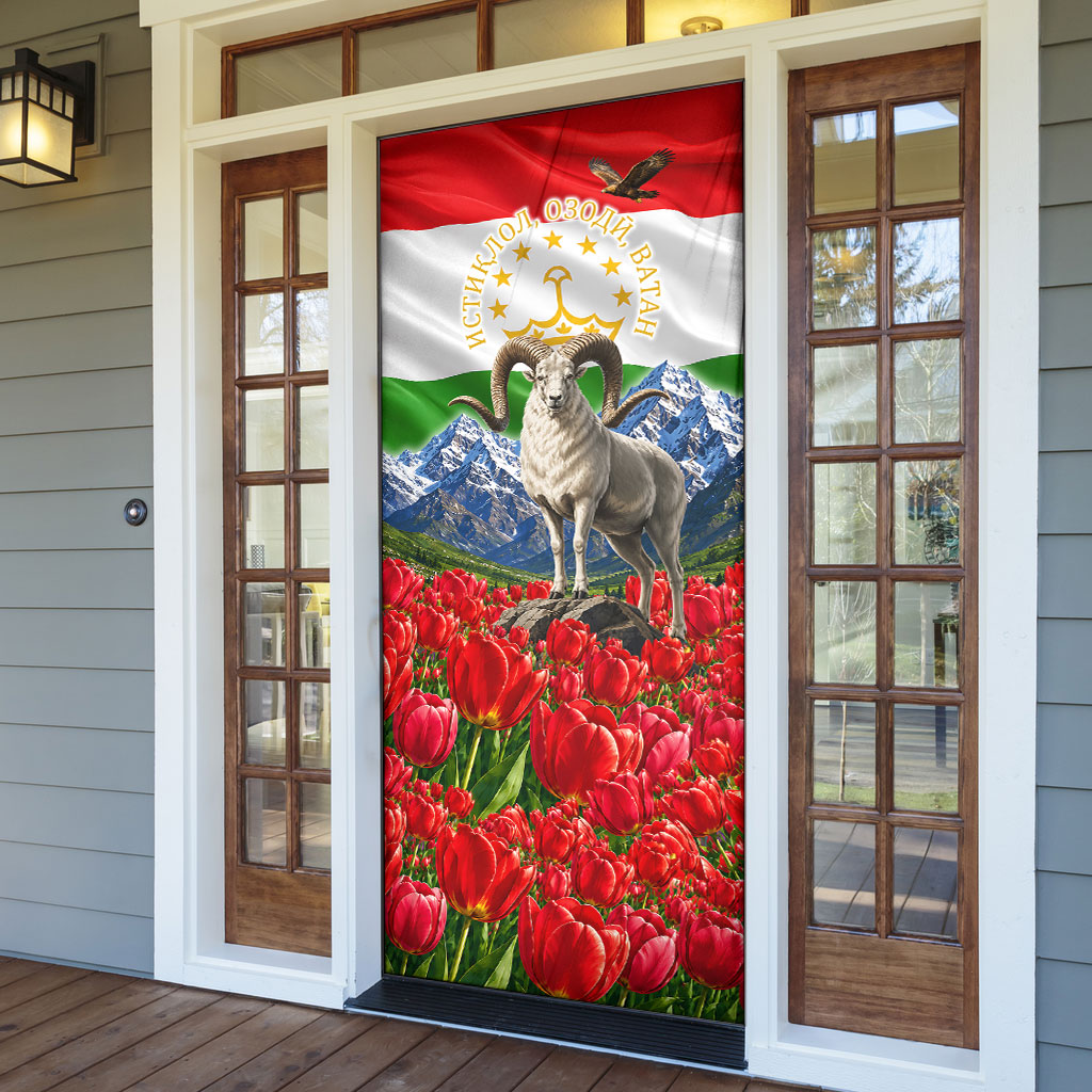 Tajikistan National Pride Door Cover Ismoil Somoni Monument Marco Polo Sheep Flag