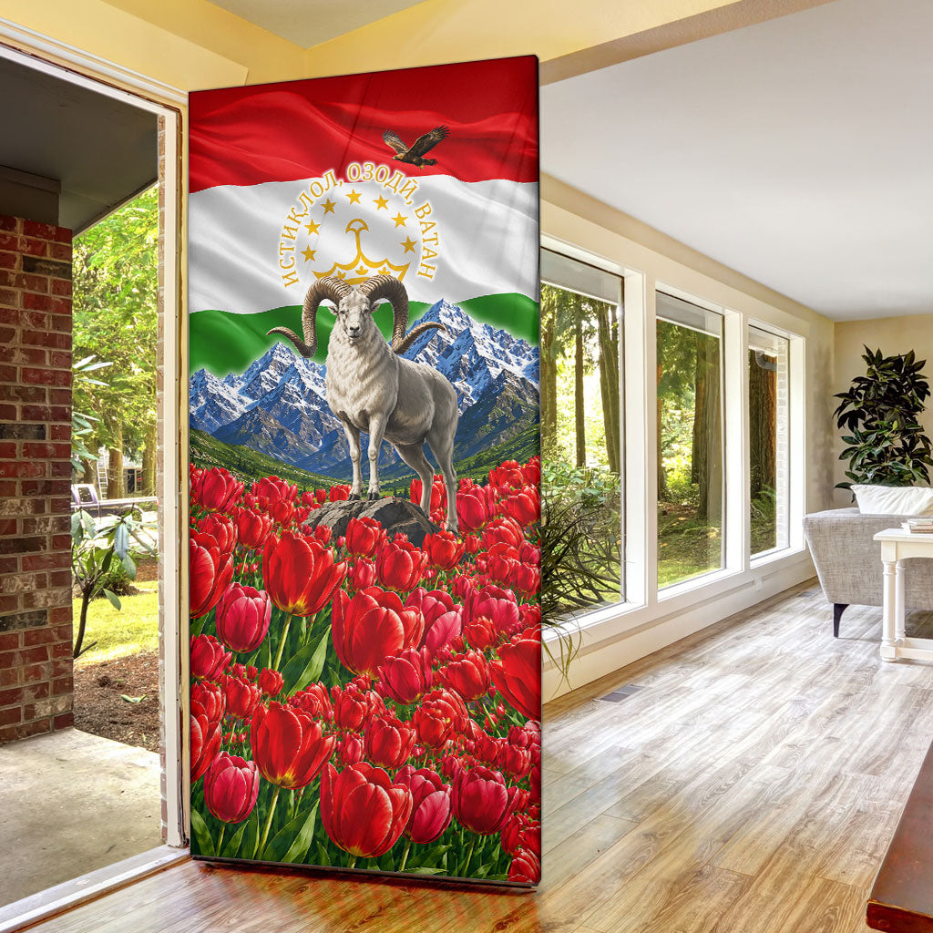 Tajikistan National Pride Door Cover Ismoil Somoni Monument Marco Polo Sheep Flag