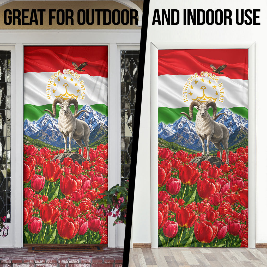 Tajikistan National Pride Door Cover Ismoil Somoni Monument Marco Polo Sheep Flag