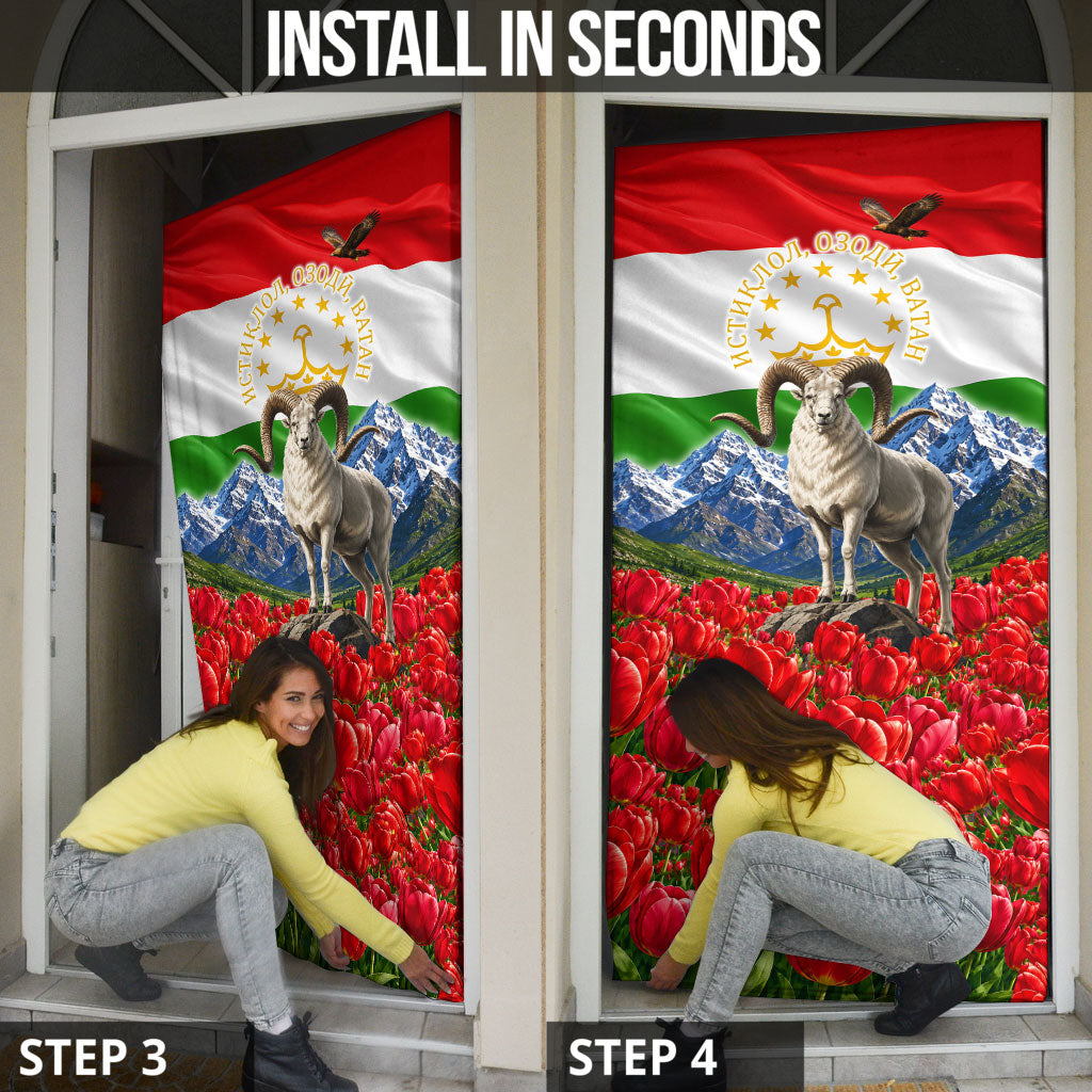Tajikistan National Pride Door Cover Ismoil Somoni Monument Marco Polo Sheep Flag
