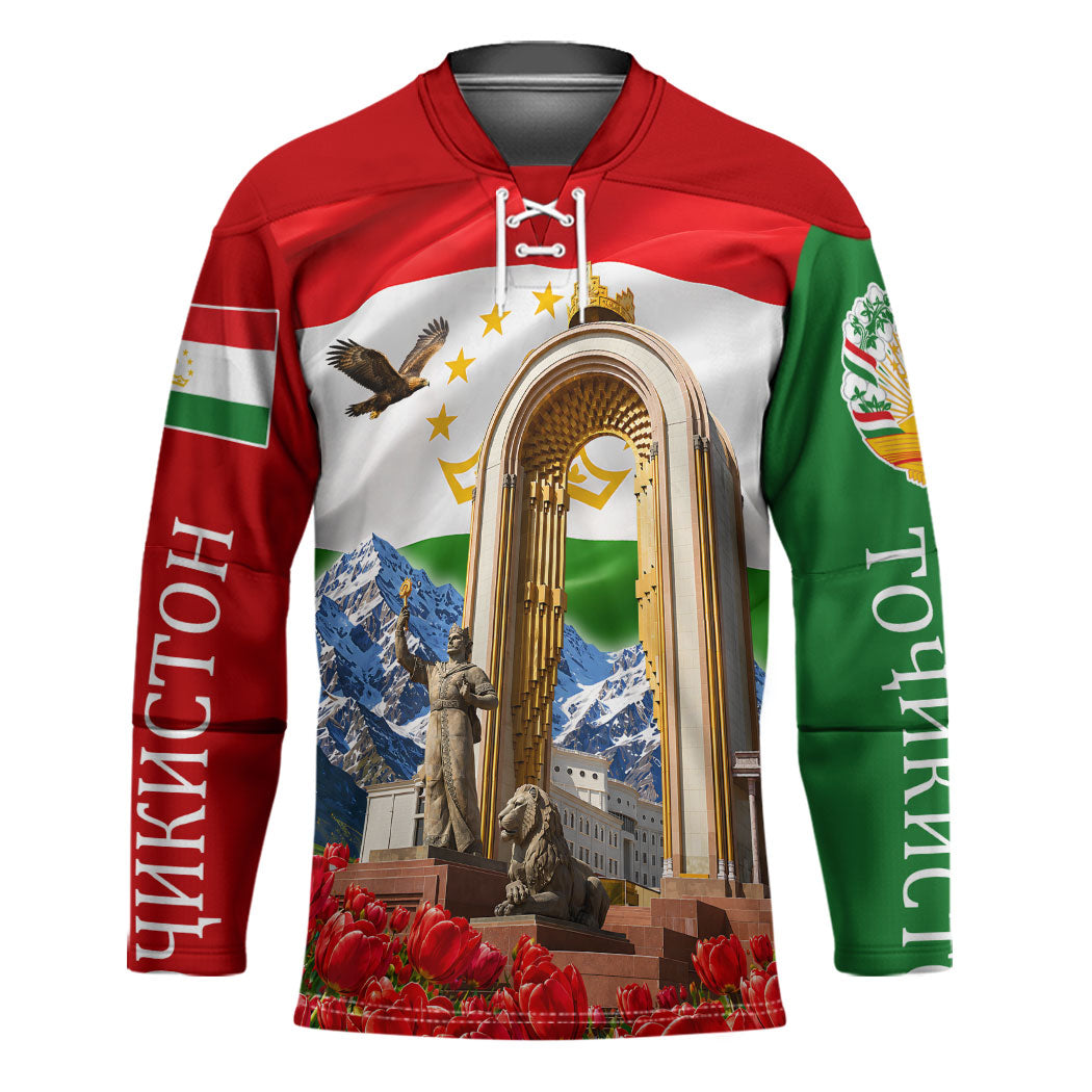 Tajikistan National Pride Hockey Jersey Ismoil Somoni Monument Marco Polo Sheep Flag
