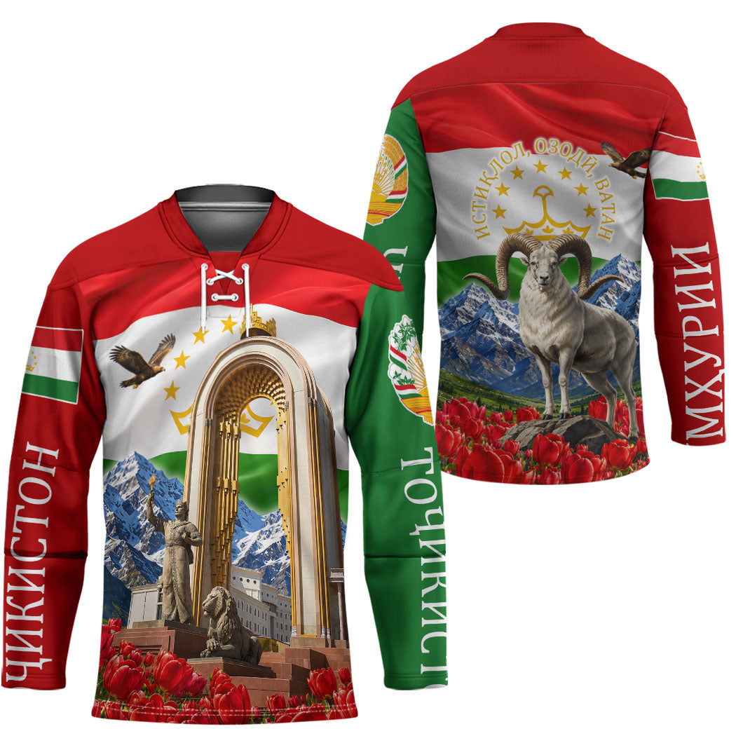 Tajikistan National Pride Hockey Jersey Ismoil Somoni Monument Marco Polo Sheep Flag