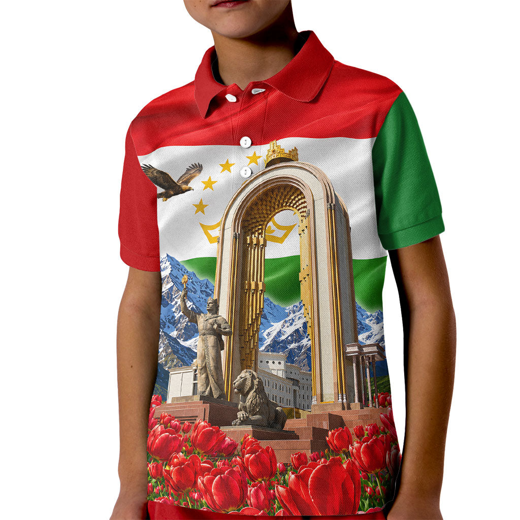 Tajikistan National Pride Kid Polo Shirt Ismoil Somoni Monument Marco Polo Sheep Flag