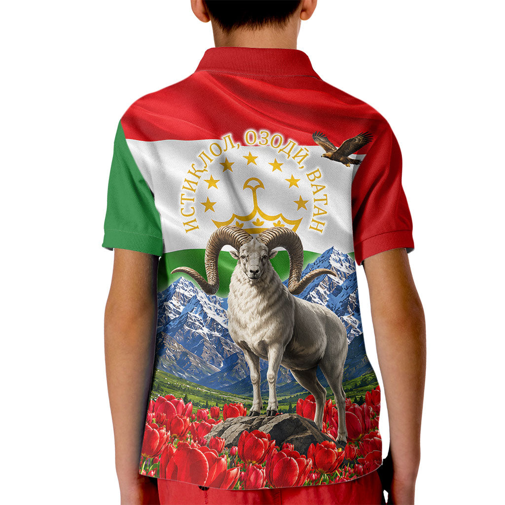 Tajikistan National Pride Kid Polo Shirt Ismoil Somoni Monument Marco Polo Sheep Flag