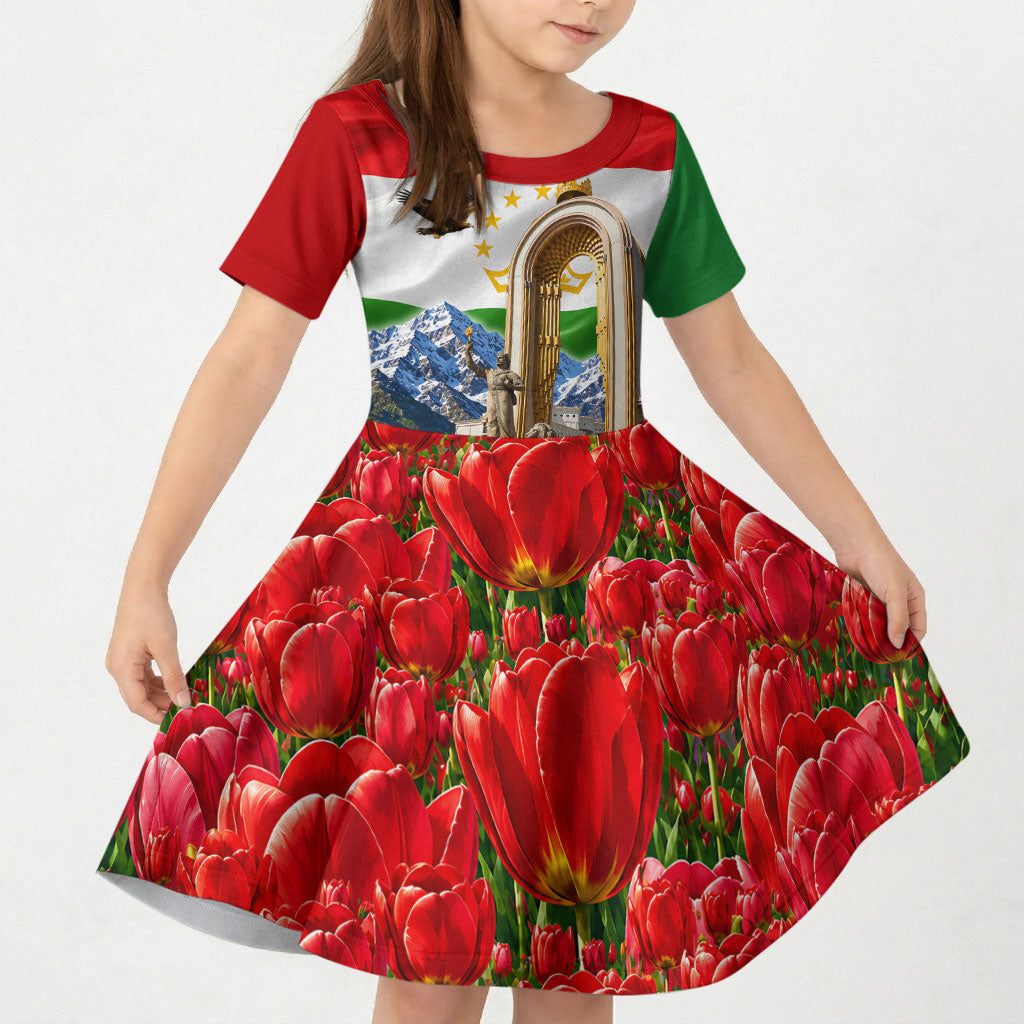 Tajikistan National Pride Kid Short Sleeve Dress Ismoil Somoni Monument Marco Polo Sheep Flag