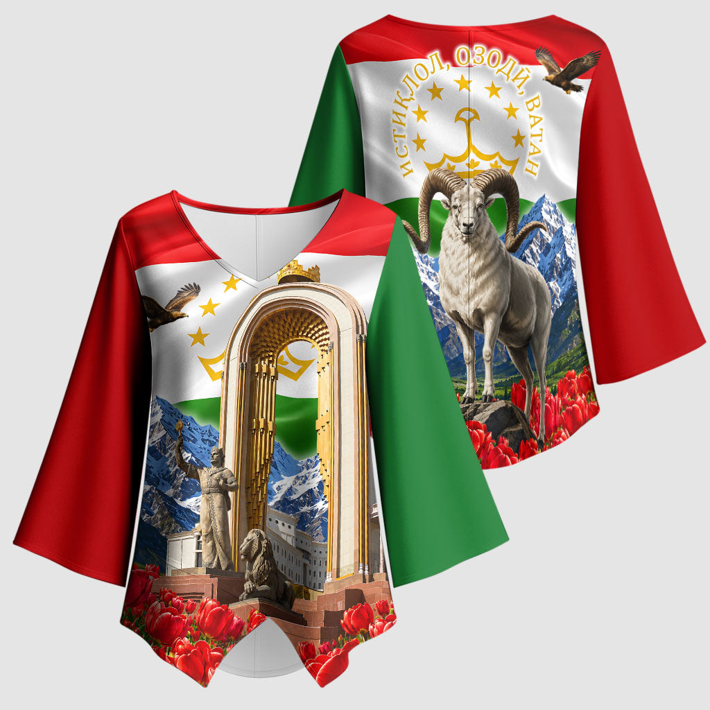 Tajikistan National Pride Kimono Sleeve Blouse Ismoil Somoni Monument Marco Polo Sheep Flag