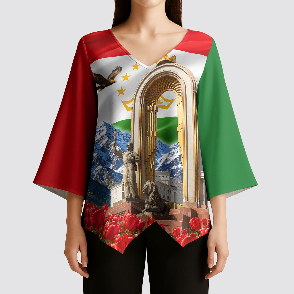 Tajikistan National Pride Kimono Sleeve Blouse Ismoil Somoni Monument Marco Polo Sheep Flag