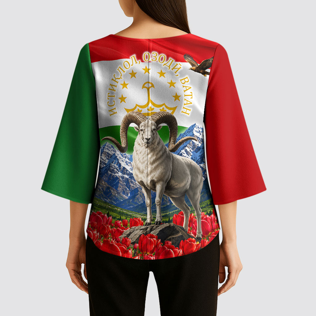 Tajikistan National Pride Kimono Sleeve Blouse Ismoil Somoni Monument Marco Polo Sheep Flag