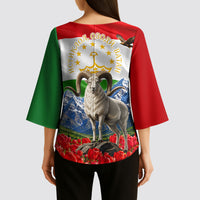 Tajikistan National Pride Kimono Sleeve Blouse Ismoil Somoni Monument Marco Polo Sheep Flag