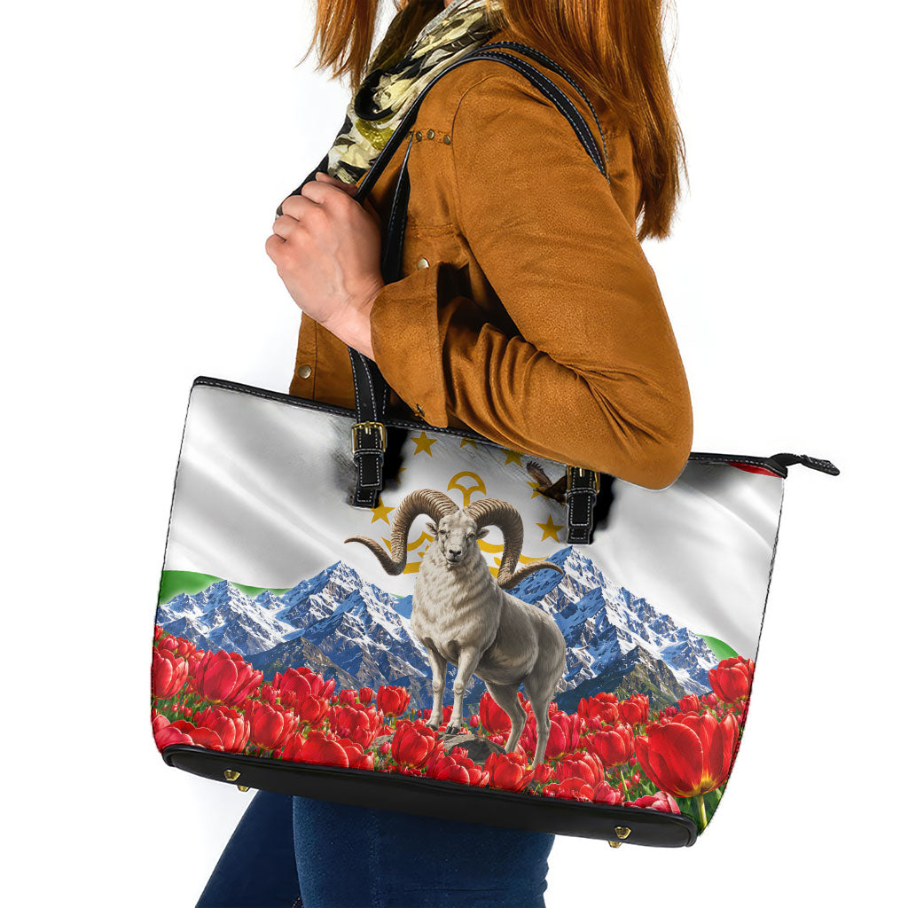 Tajikistan National Pride Leather Tote Bag Ismoil Somoni Monument Marco Polo Sheep Flag