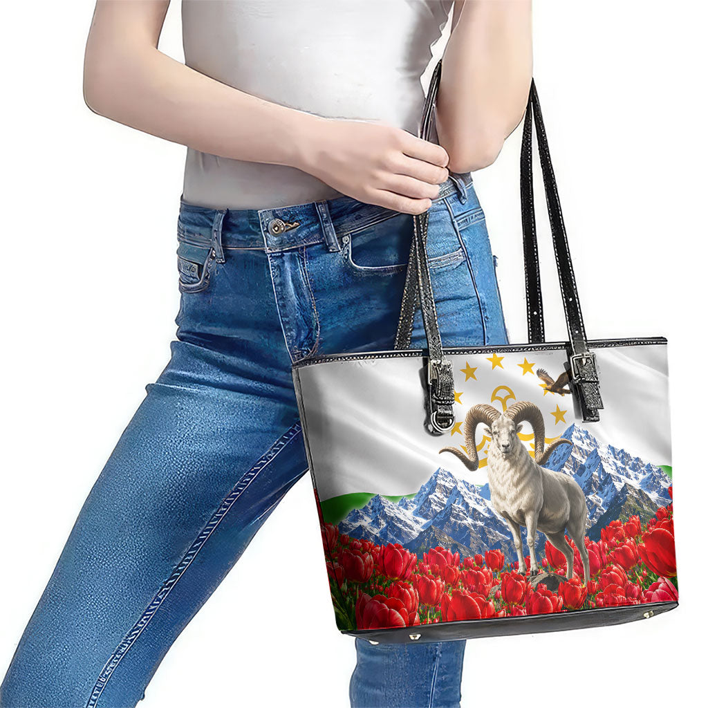 Tajikistan National Pride Leather Tote Bag Ismoil Somoni Monument Marco Polo Sheep Flag