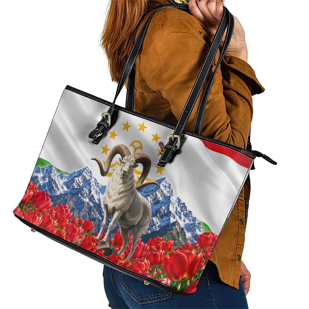 Tajikistan National Pride Leather Tote Bag Ismoil Somoni Monument Marco Polo Sheep Flag