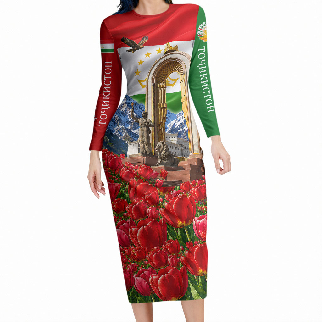 Tajikistan National Pride Long Sleeve Bodycon Dress Ismoil Somoni Monument Marco Polo Sheep Flag