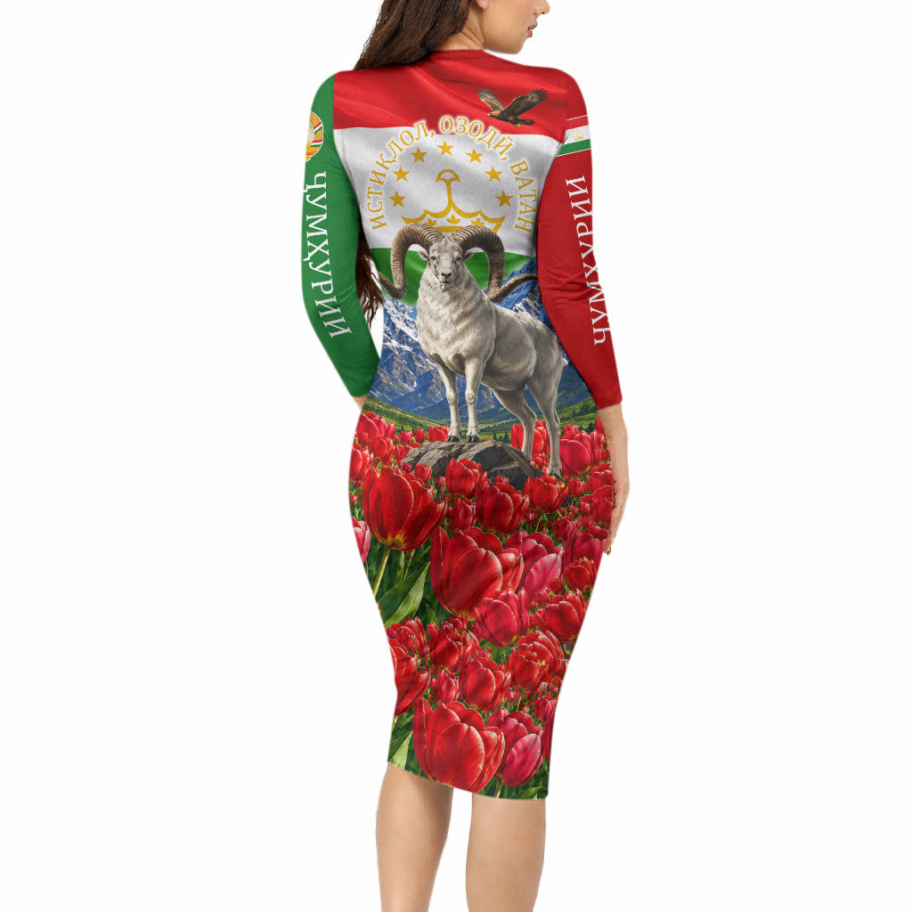 Tajikistan National Pride Long Sleeve Bodycon Dress Ismoil Somoni Monument Marco Polo Sheep Flag