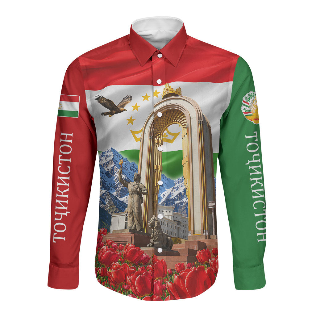 Tajikistan National Pride Long Sleeve Button Shirt Ismoil Somoni Monument Marco Polo Sheep Flag