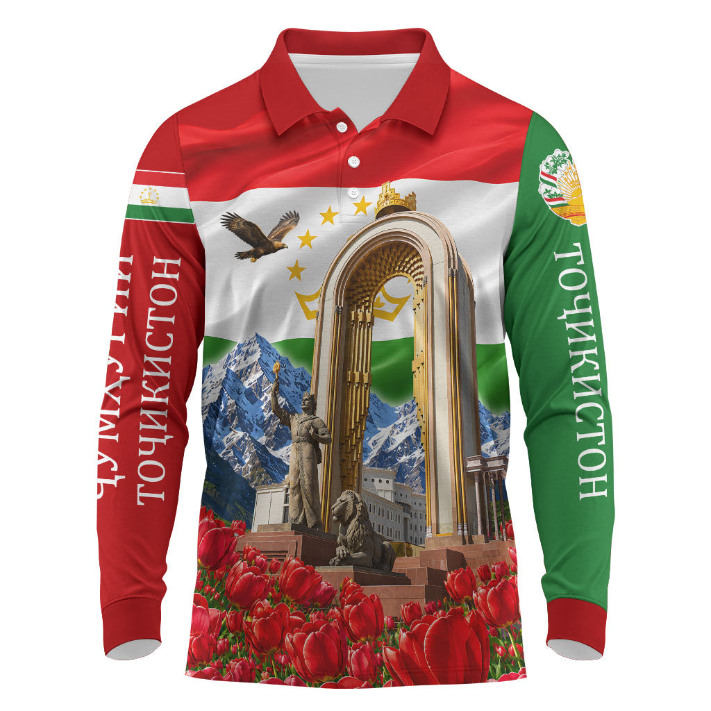 Tajikistan National Pride Long Sleeve Polo Shirt Ismoil Somoni Monument Marco Polo Sheep Flag