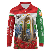Tajikistan National Pride Long Sleeve Polo Shirt Ismoil Somoni Monument Marco Polo Sheep Flag