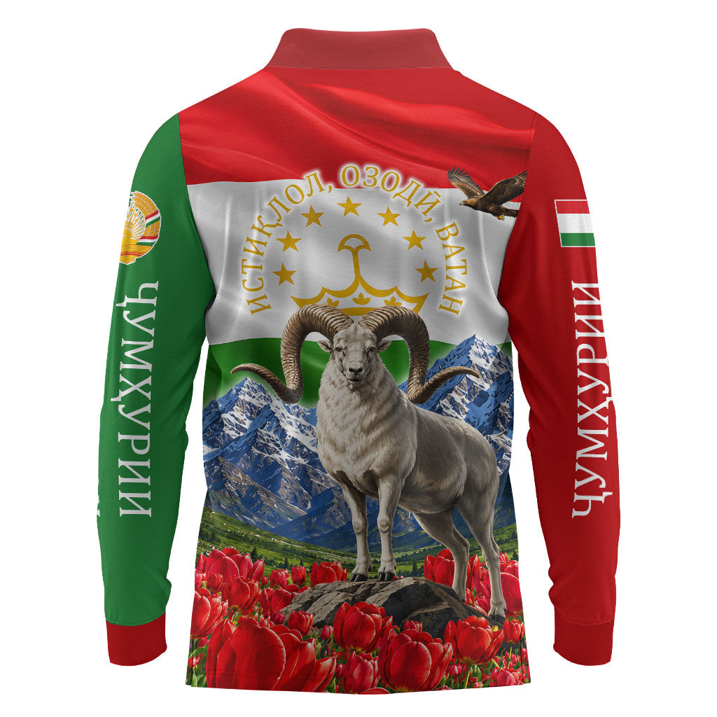 Tajikistan National Pride Long Sleeve Polo Shirt Ismoil Somoni Monument Marco Polo Sheep Flag