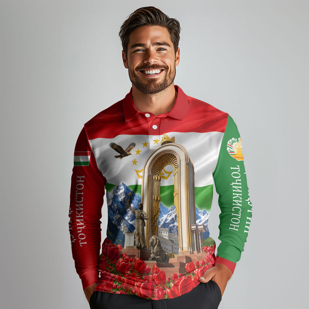 Tajikistan National Pride Long Sleeve Polo Shirt Ismoil Somoni Monument Marco Polo Sheep Flag