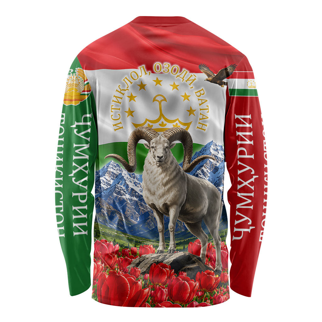 Tajikistan National Pride Long Sleeve Shirt Ismoil Somoni Monument Marco Polo Sheep Flag