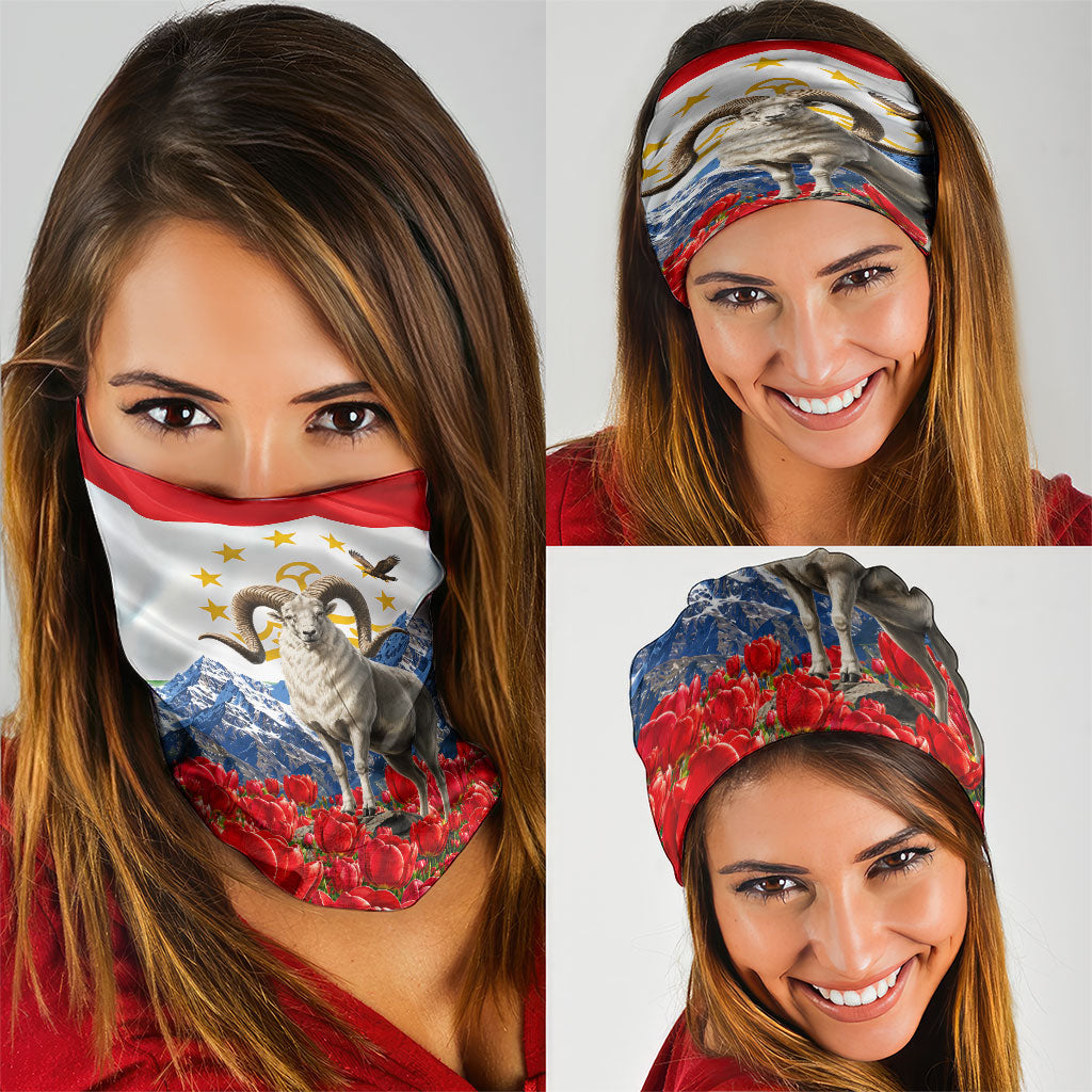 Tajikistan National Pride Neck Gaiter Ismoil Somoni Monument Marco Polo Sheep Flag