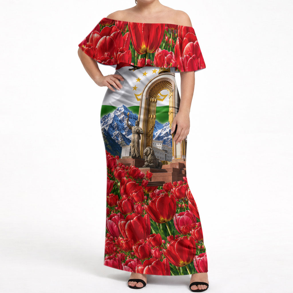 Tajikistan National Pride Off Shoulder Maxi Dress Ismoil Somoni Monument Marco Polo Sheep Flag