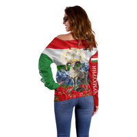 Tajikistan National Pride Off Shoulder Sweater Ismoil Somoni Monument Marco Polo Sheep Flag