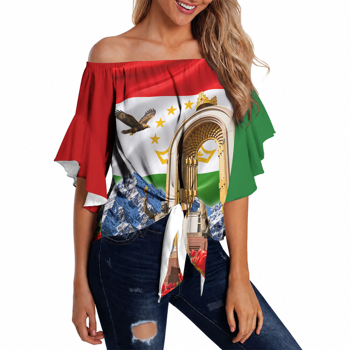 Tajikistan National Pride Off Shoulder Wrap Waist Top Ismoil Somoni Monument Marco Polo Sheep Flag