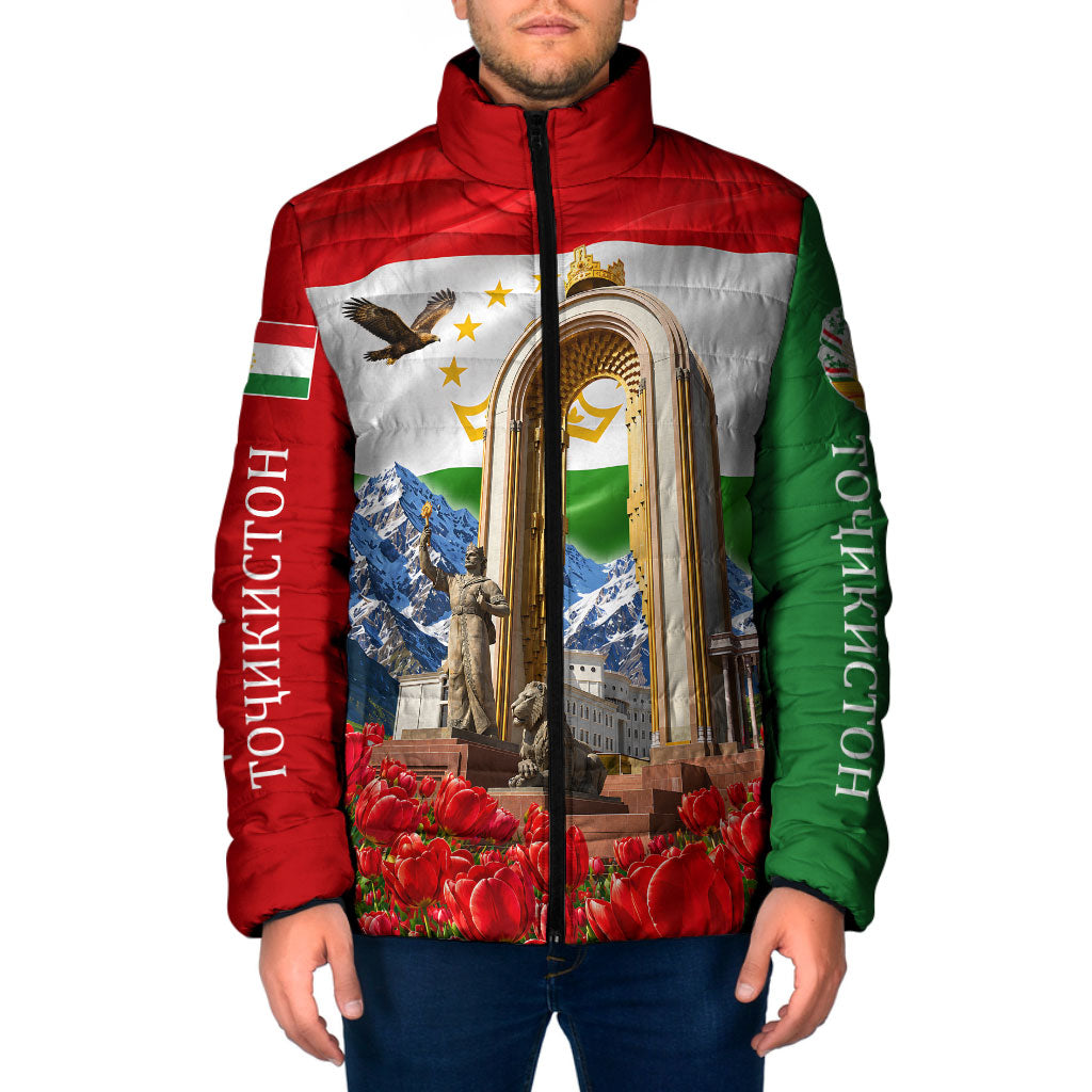 Tajikistan National Pride Padded Jacket Ismoil Somoni Monument Marco Polo Sheep Flag
