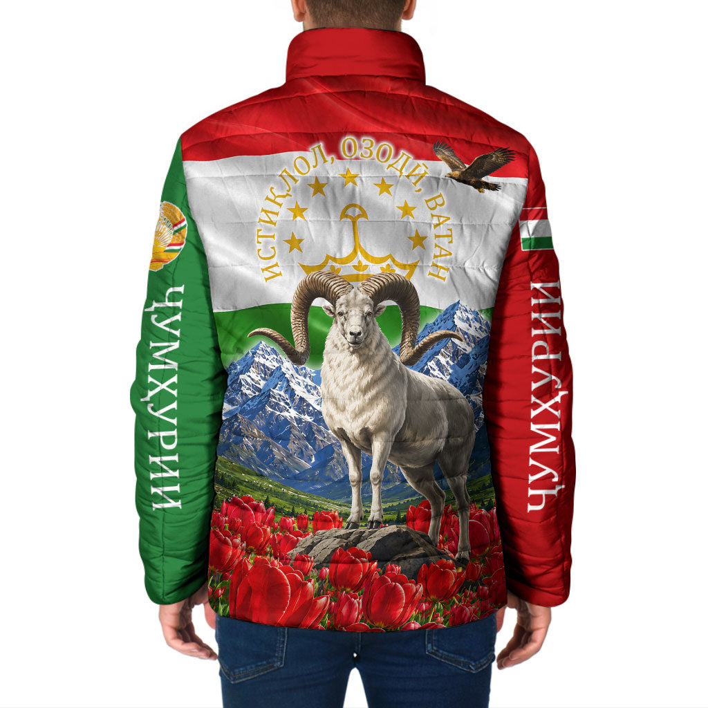 Tajikistan National Pride Padded Jacket Ismoil Somoni Monument Marco Polo Sheep Flag