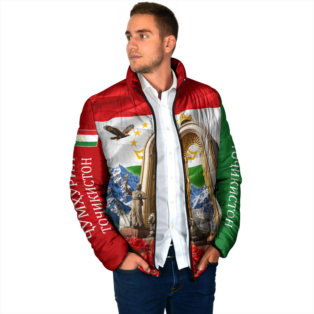 Tajikistan National Pride Padded Jacket Ismoil Somoni Monument Marco Polo Sheep Flag
