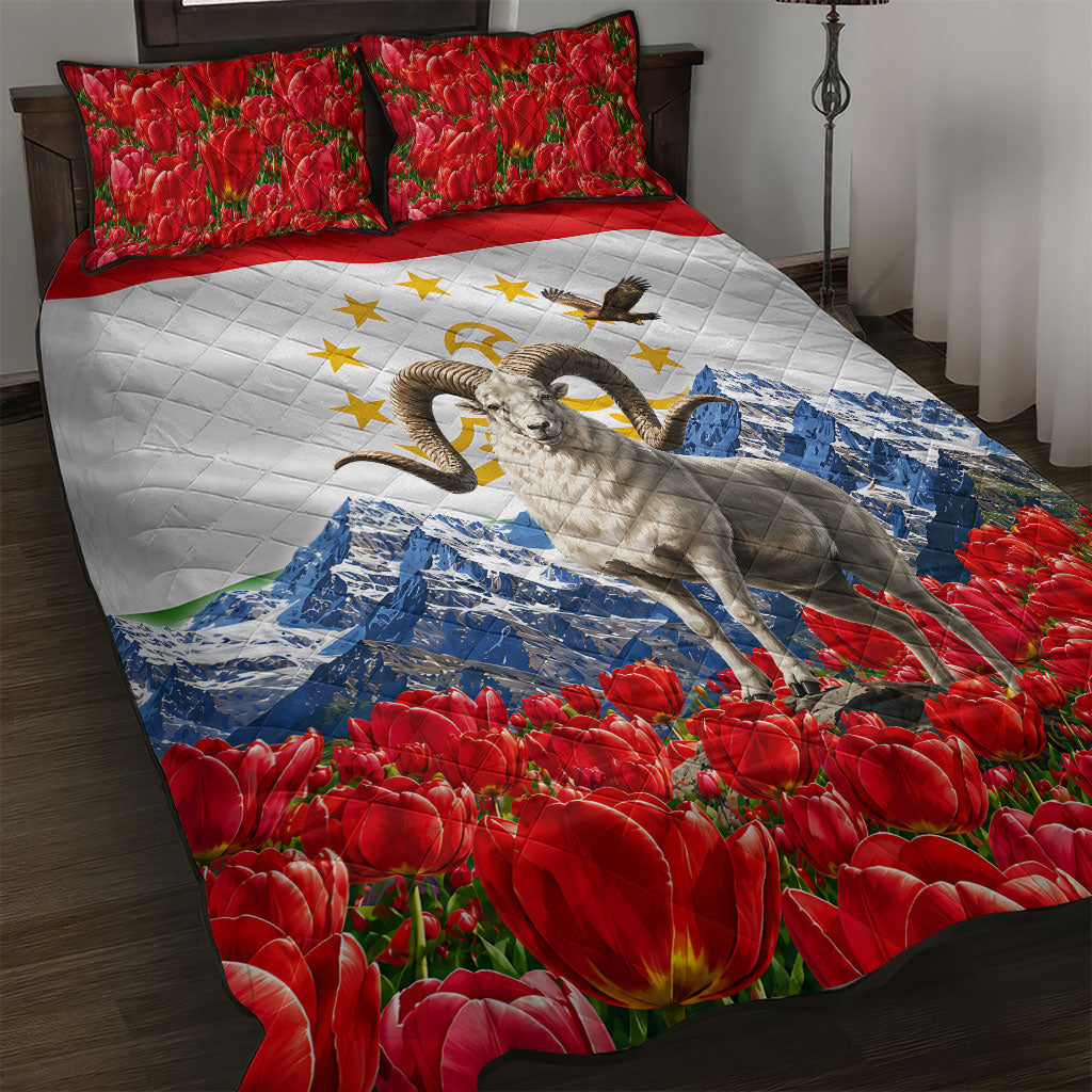 Tajikistan National Pride Quilt Bed Set Ismoil Somoni Monument Marco Polo Sheep Flag