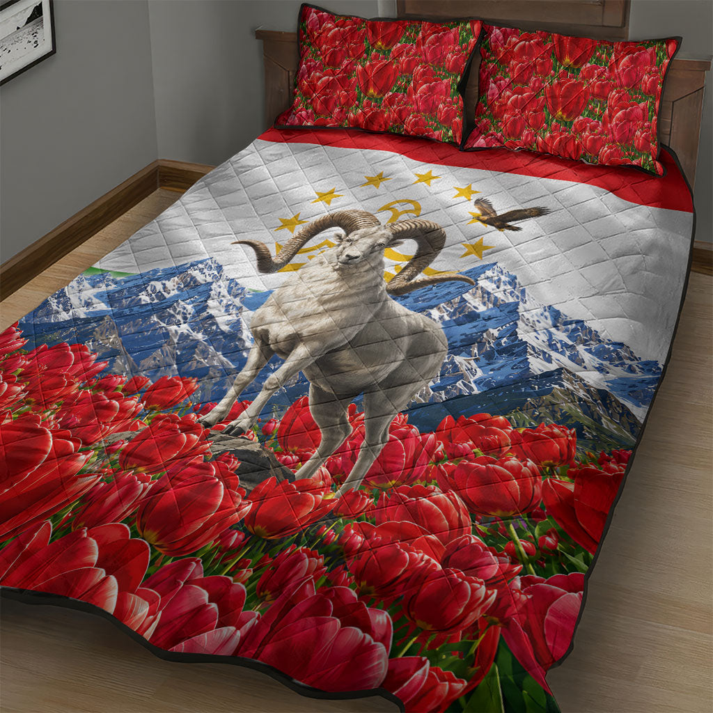 Tajikistan National Pride Quilt Bed Set Ismoil Somoni Monument Marco Polo Sheep Flag