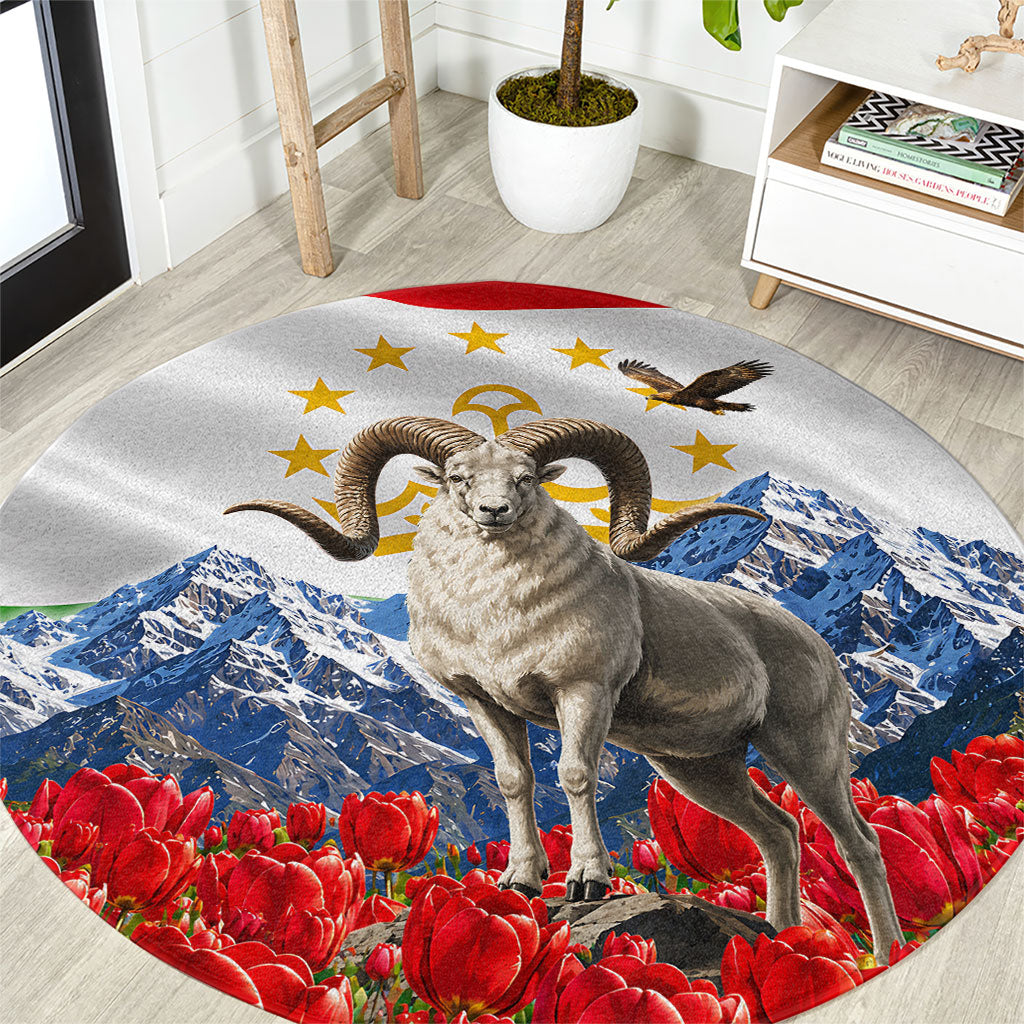 Tajikistan National Pride Round Carpet Ismoil Somoni Monument Marco Polo Sheep Flag