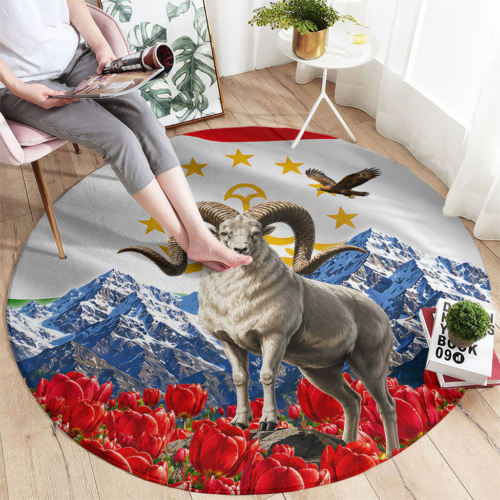 Tajikistan National Pride Round Carpet Ismoil Somoni Monument Marco Polo Sheep Flag