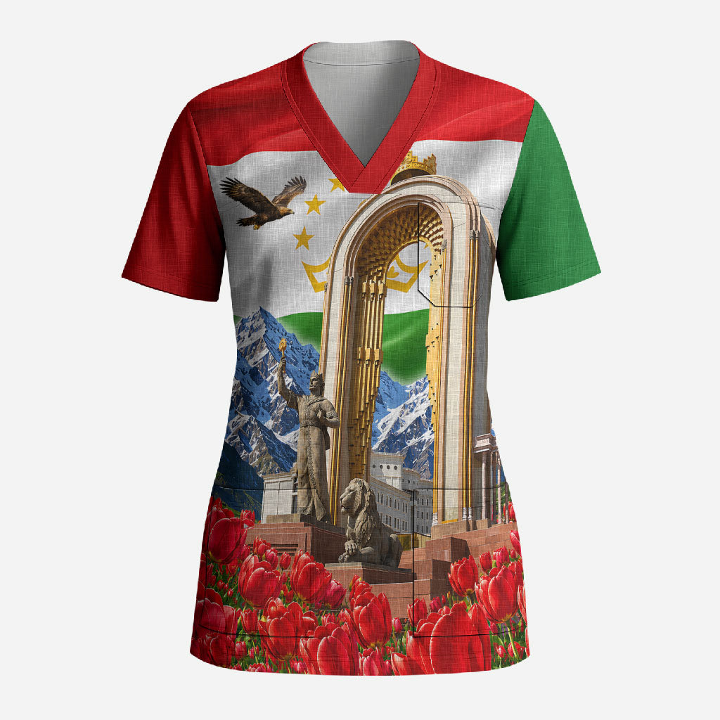 Tajikistan National Pride Scrub Top Ismoil Somoni Monument Marco Polo Sheep Flag