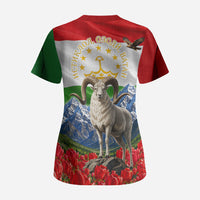 Tajikistan National Pride Scrub Top Ismoil Somoni Monument Marco Polo Sheep Flag