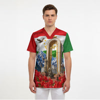 Tajikistan National Pride Scrub Top Ismoil Somoni Monument Marco Polo Sheep Flag