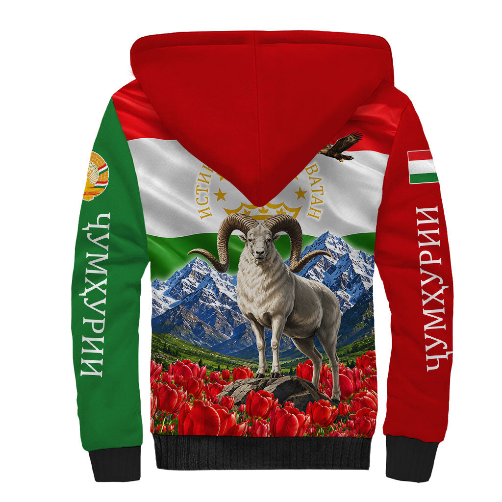 Tajikistan National Pride Sherpa Hoodie Ismoil Somoni Monument Marco Polo Sheep Flag