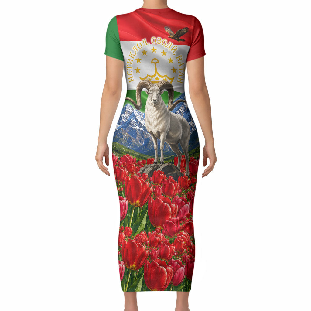 Tajikistan National Pride Short Sleeve Bodycon Dress Ismoil Somoni Monument Marco Polo Sheep Flag