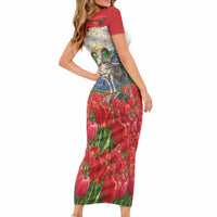 Tajikistan National Pride Short Sleeve Bodycon Dress Ismoil Somoni Monument Marco Polo Sheep Flag