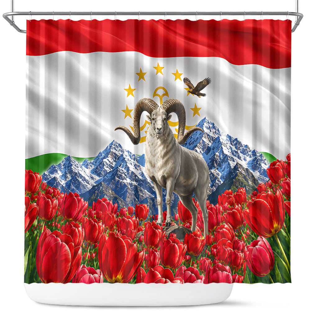 Tajikistan National Pride Shower Curtain Ismoil Somoni Monument Marco Polo Sheep Flag