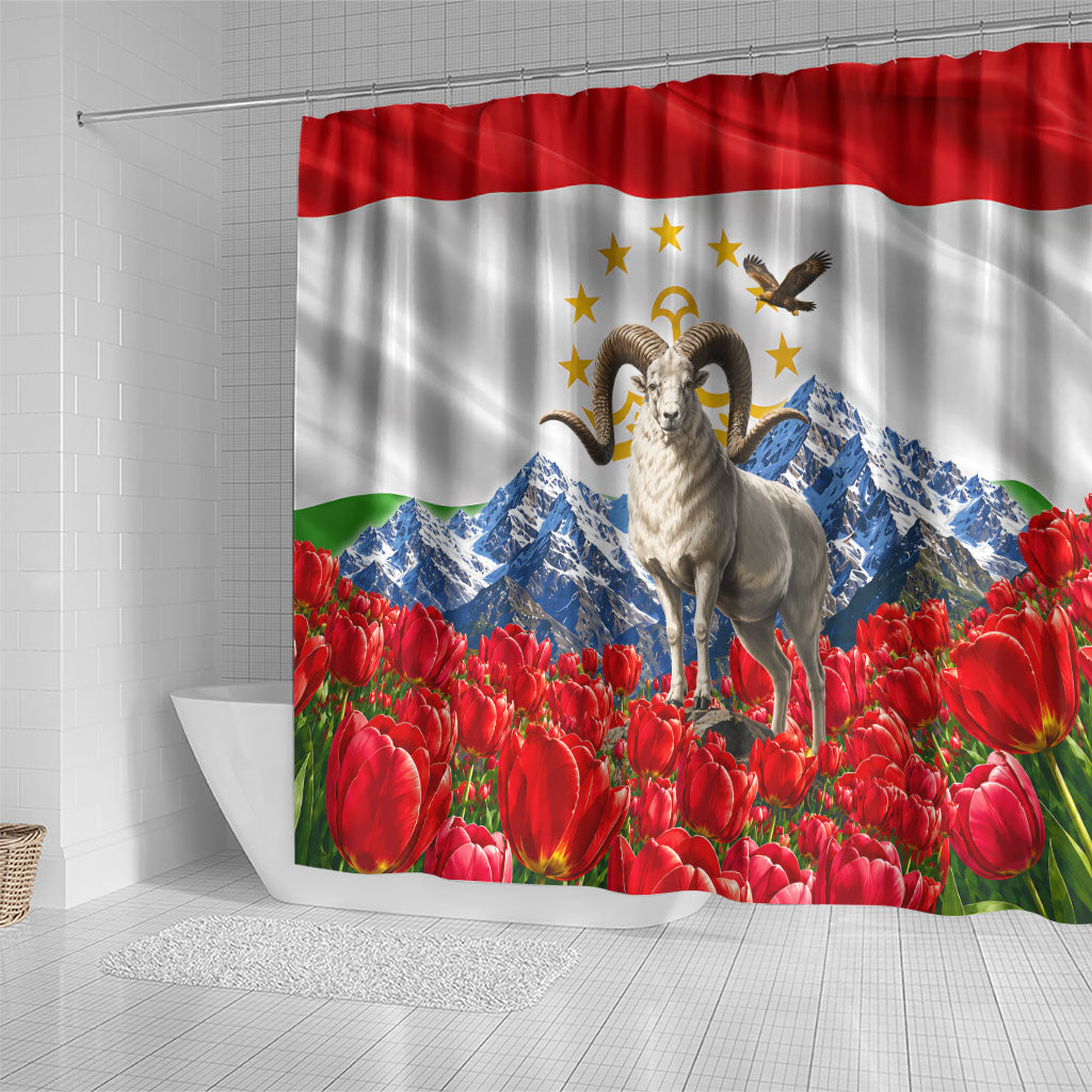 Tajikistan National Pride Shower Curtain Ismoil Somoni Monument Marco Polo Sheep Flag
