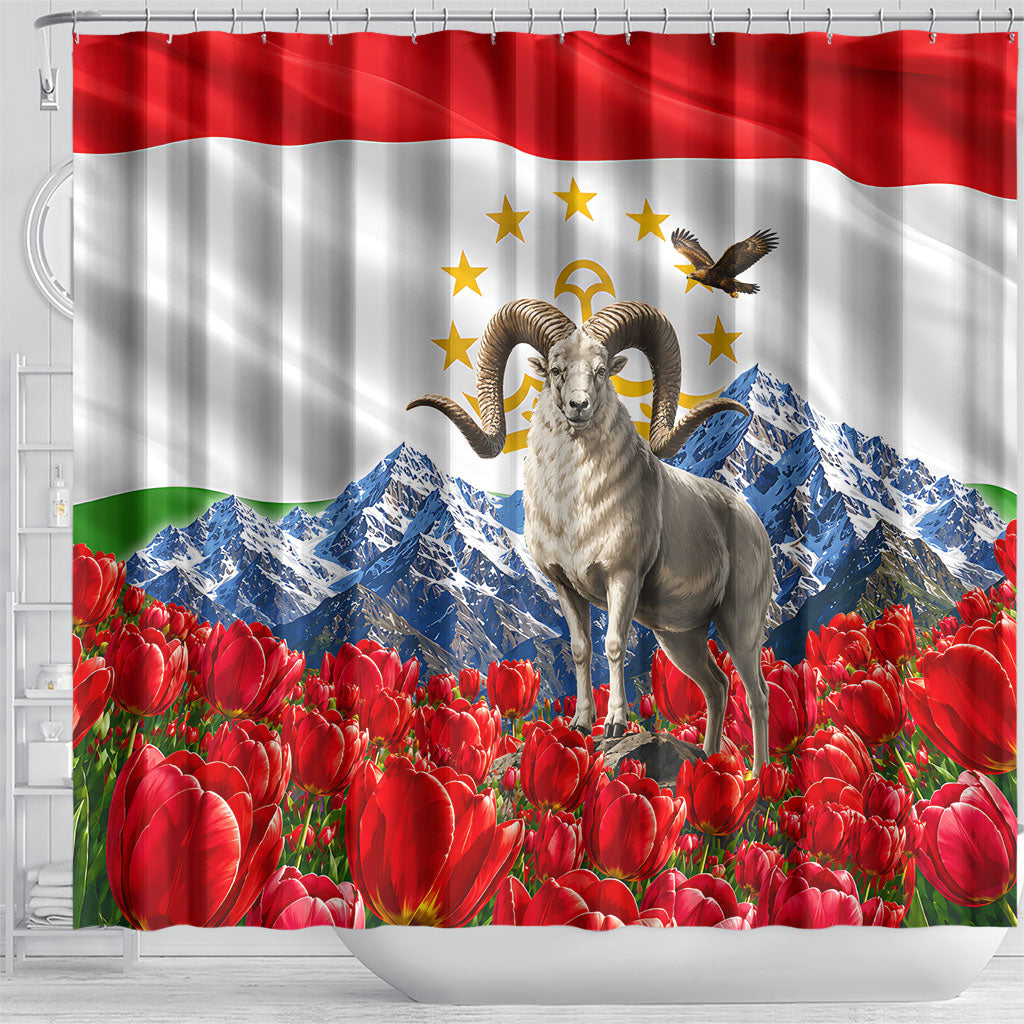 Tajikistan National Pride Shower Curtain Ismoil Somoni Monument Marco Polo Sheep Flag
