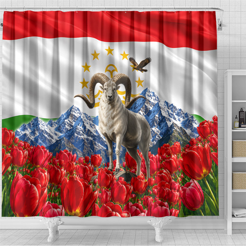 Tajikistan National Pride Shower Curtain Ismoil Somoni Monument Marco Polo Sheep Flag
