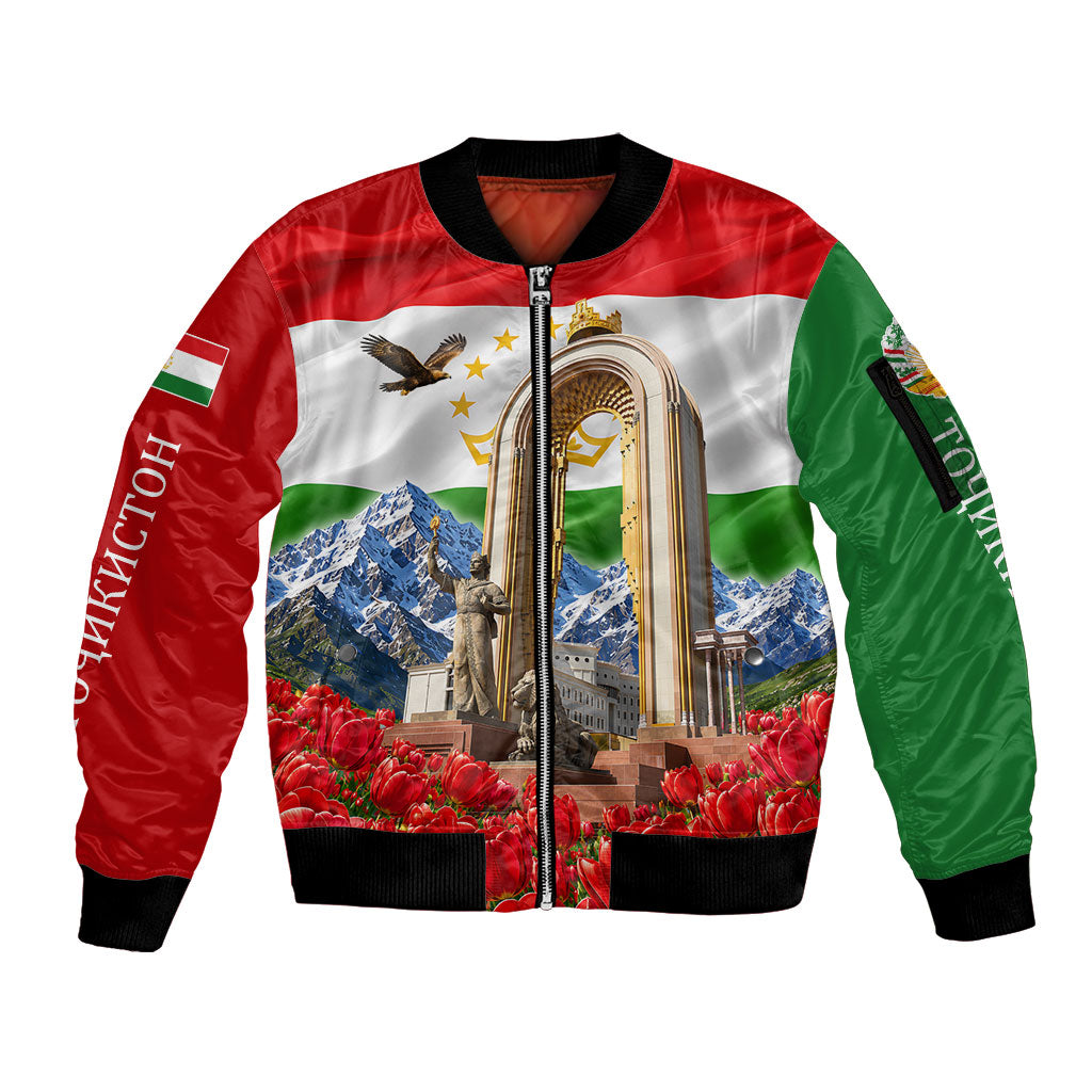 Tajikistan National Pride Sleeve Zip Bomber Jacket Ismoil Somoni Monument Marco Polo Sheep Flag