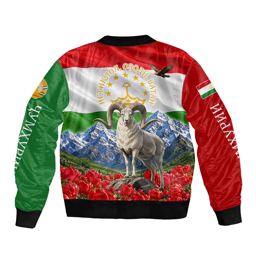 Tajikistan National Pride Sleeve Zip Bomber Jacket Ismoil Somoni Monument Marco Polo Sheep Flag