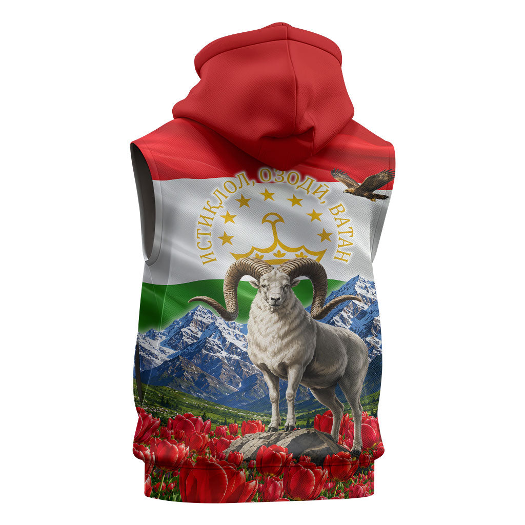 Tajikistan National Pride Sleeveless Hoodie Ismoil Somoni Monument Marco Polo Sheep Flag
